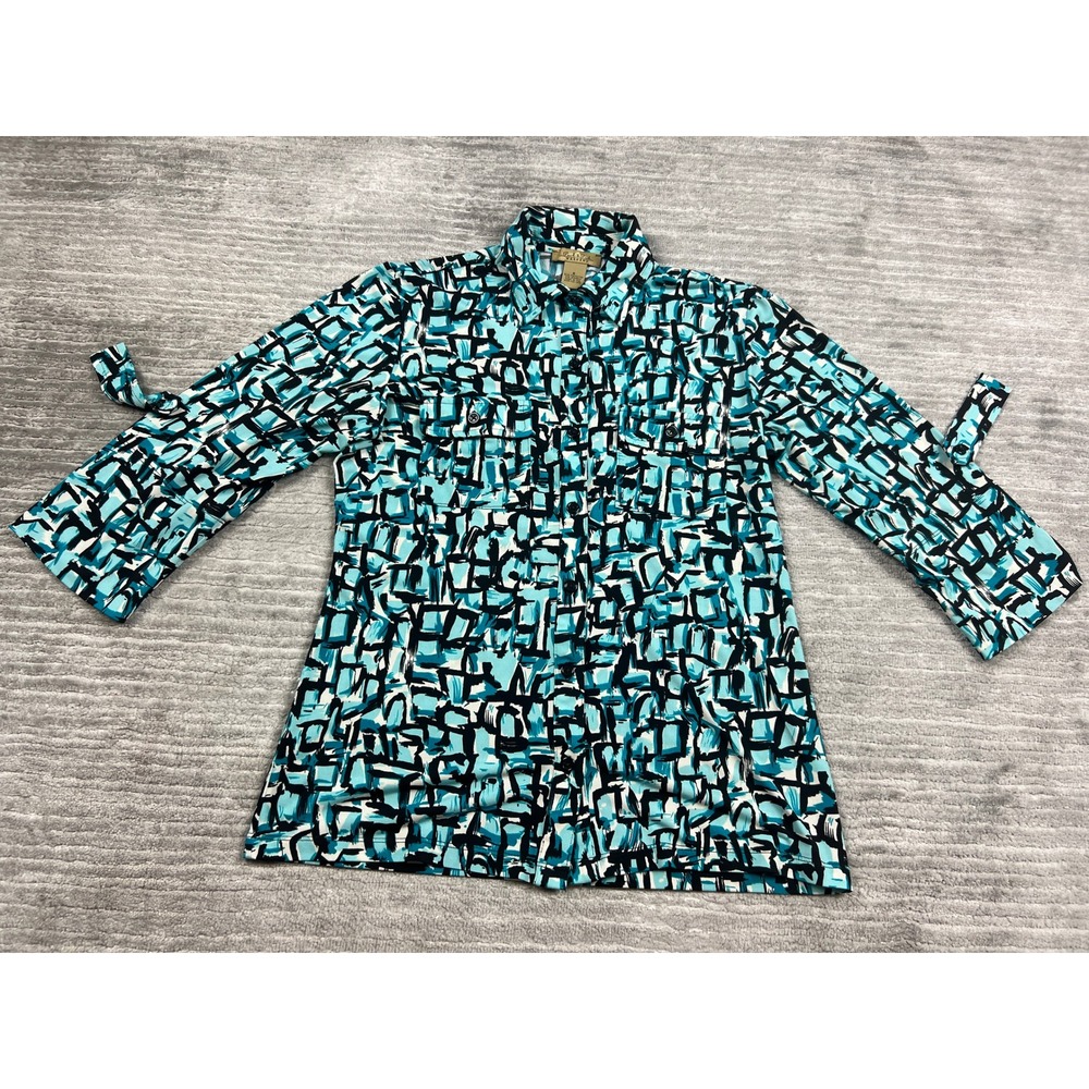 Peck & Peck Shirt Womens Small Blue Abstract Geometric Roll Tab Sleeve Button Up